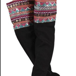Anne Michelle Synthetic Black Aztec Embroidered Thigh High BootsSZ10